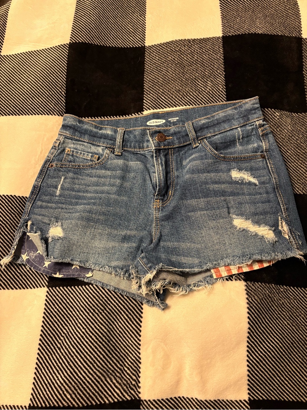 Old Navy Distressed Blue Denim Shorts with Flag Trim